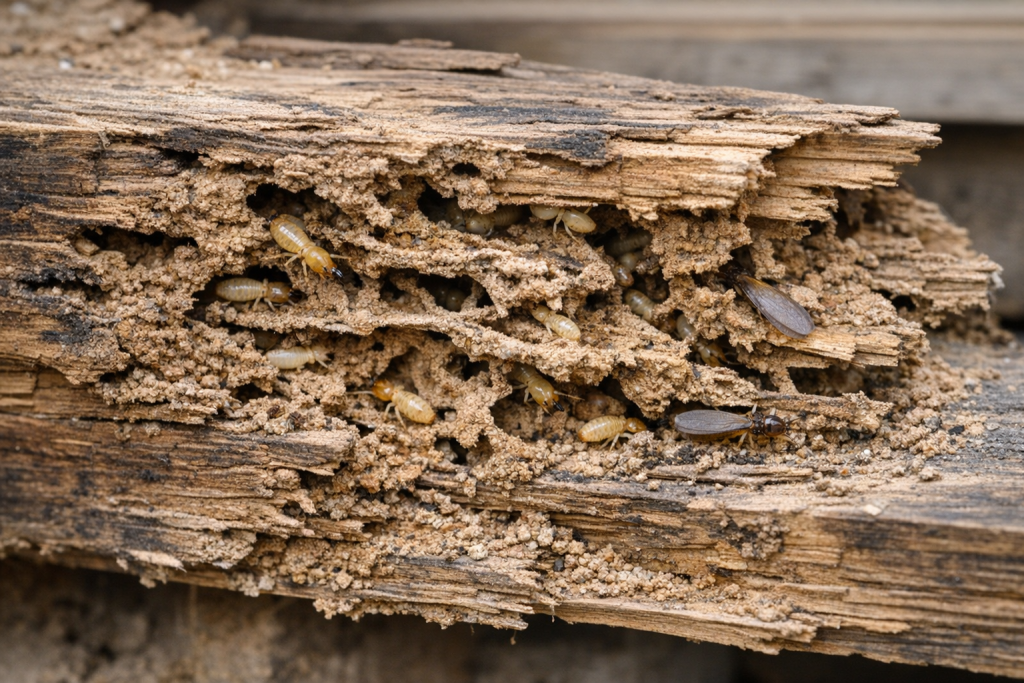 madera dañada por termitas